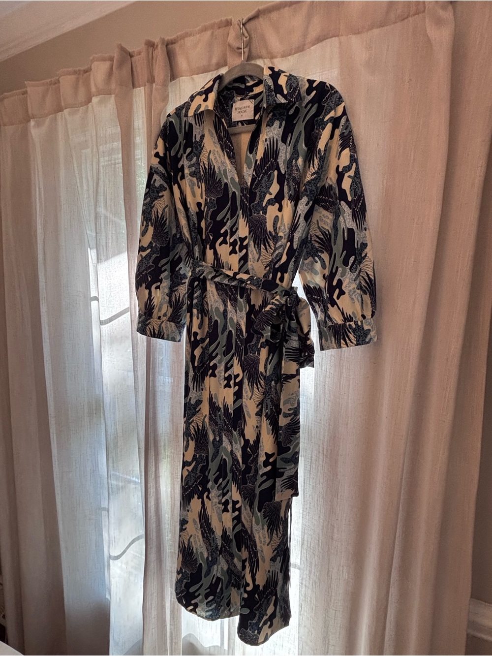 Abstract Print Midi Shirt Dress with Waist Tie in Navy & Cream